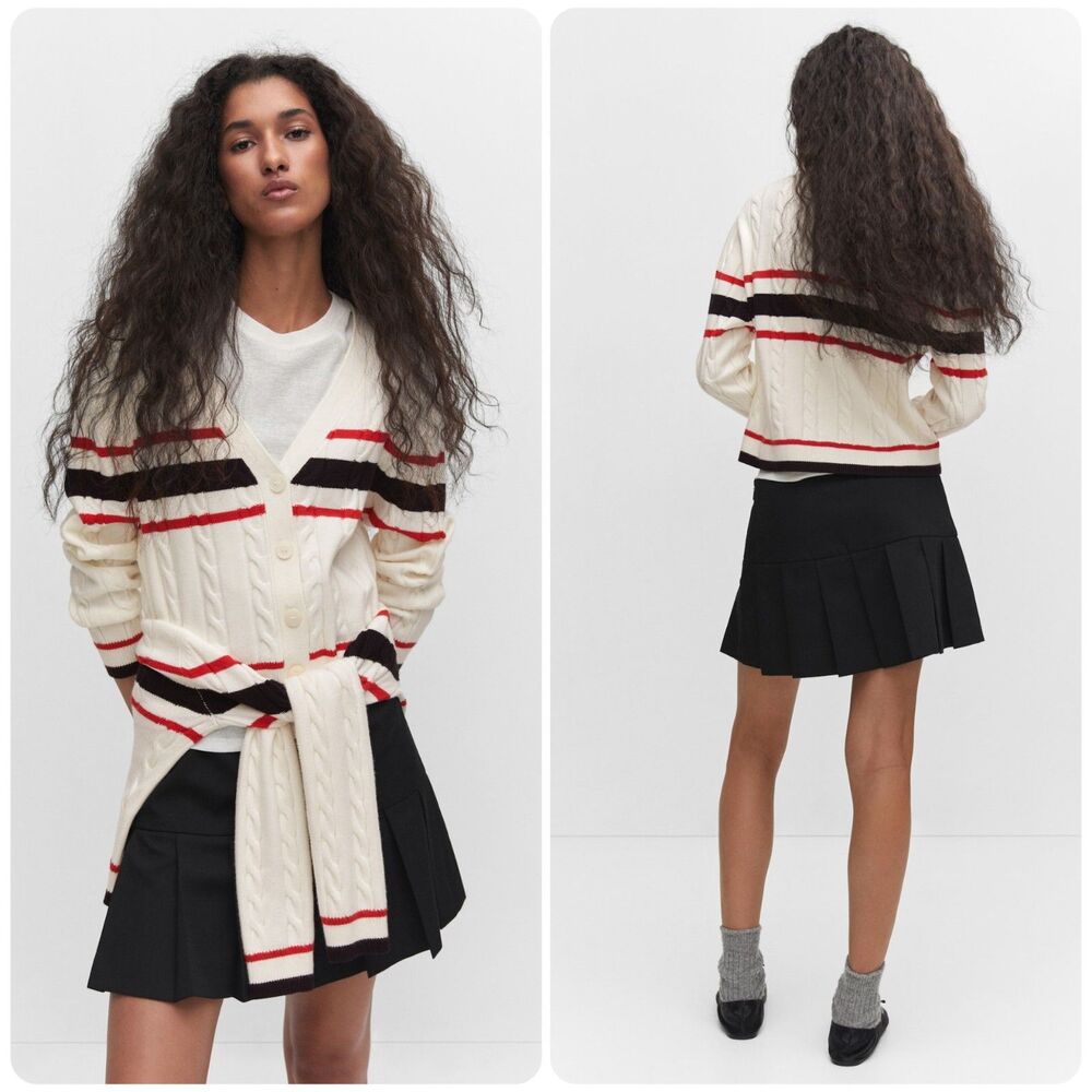 Mango MNG Striped Plait-Knitted Cardigan in Ecru | Size Small